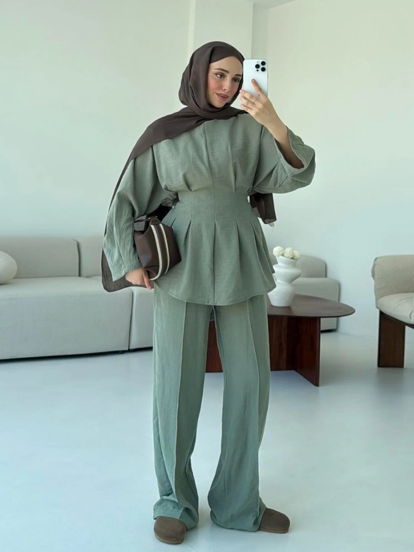 Eid Frauen 2-teiliges Set Schnürhemd Gerade Hose Muslimische Sets Ramadan Dubai Elegante Musulman Ensembles Arabische Lange Hose Marokko