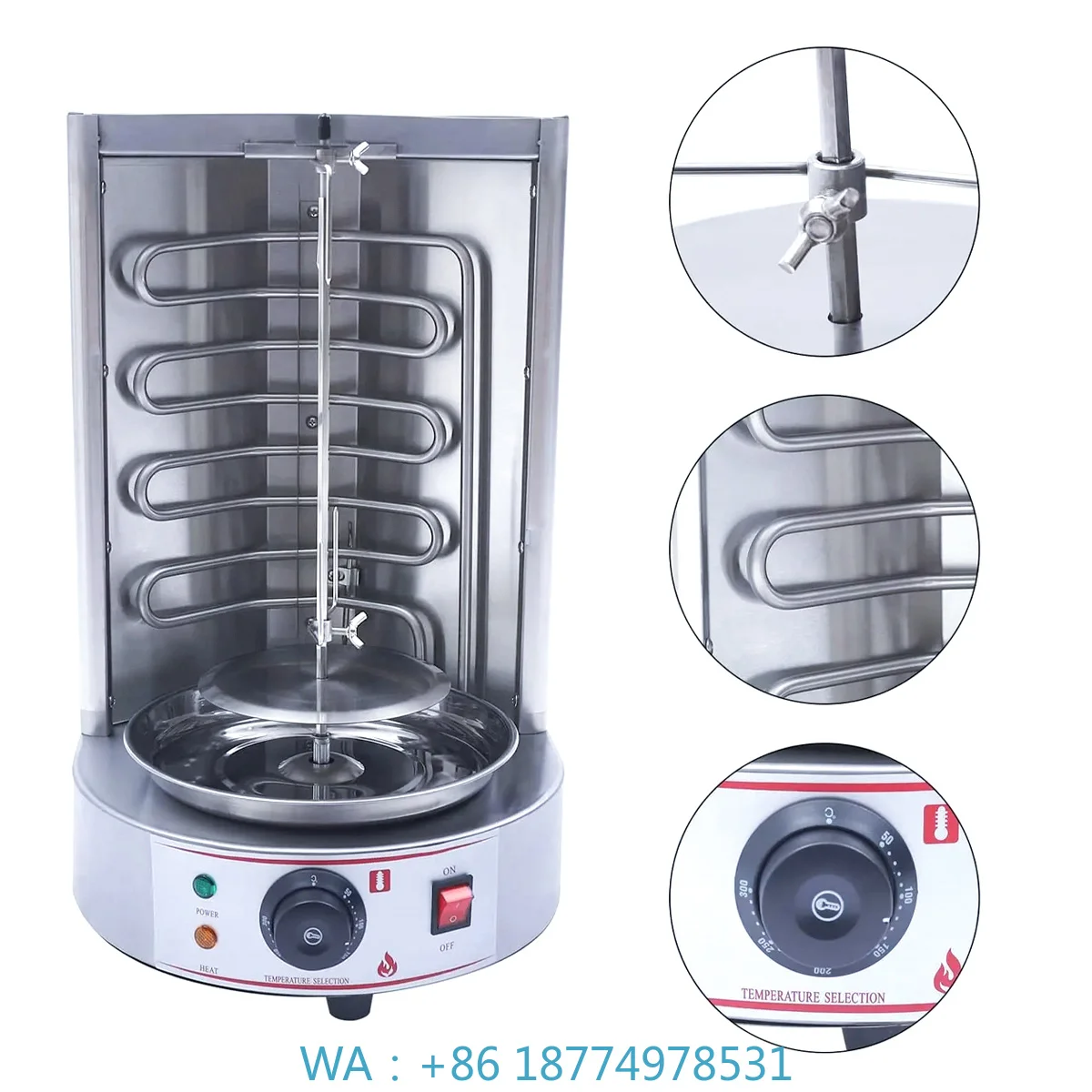 Commercial Stainless Steel Vertical Roasting Station with Multi Burners, Rotatable Spit Stand for Middle Eastern ShawarmaCooking