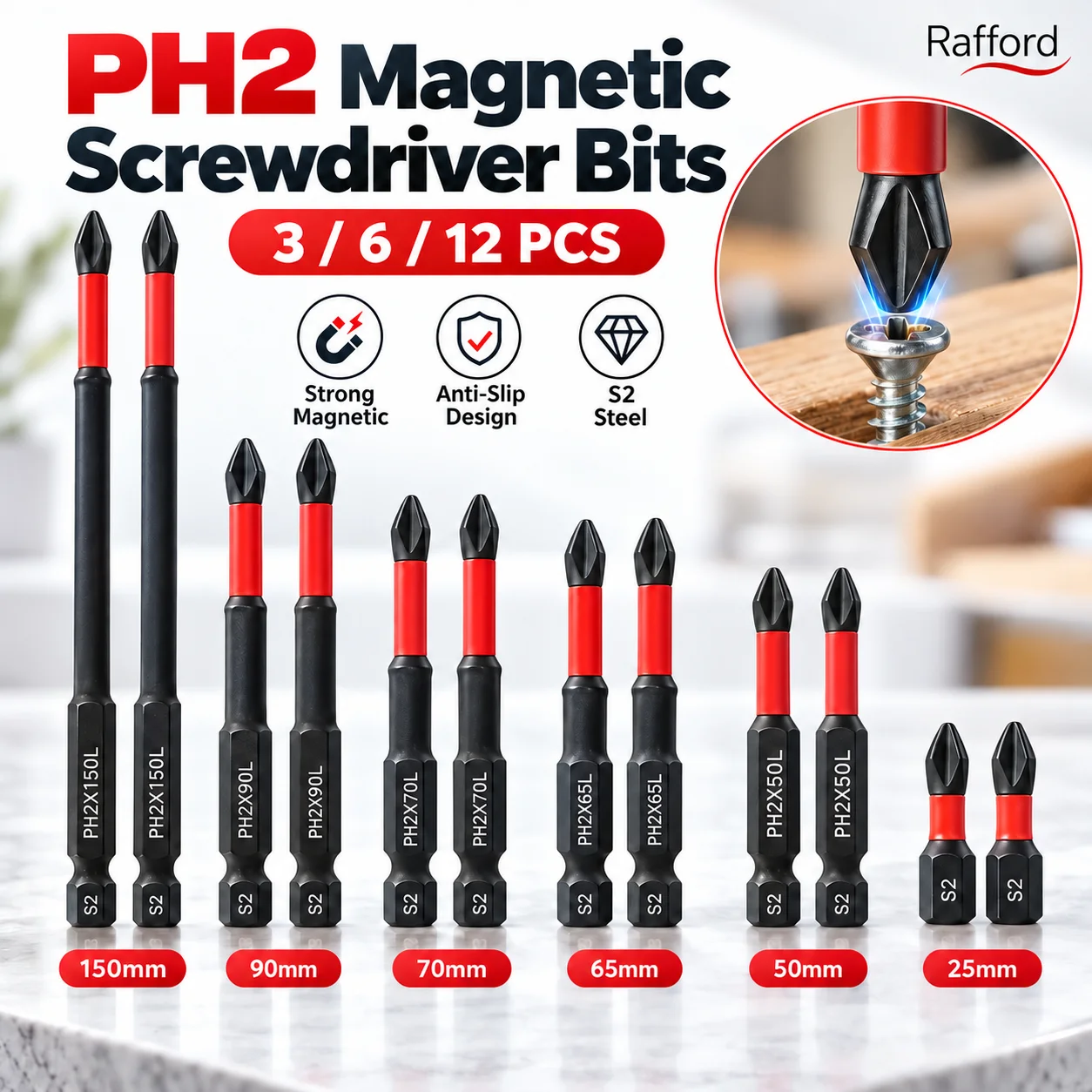 PH2 Magnetic Non-Slip Drill Bit Set 3/6/12 Pieces, S2 Steel, Phillips Impact Drill Bits, Suitable for Electric and Hand Drivers