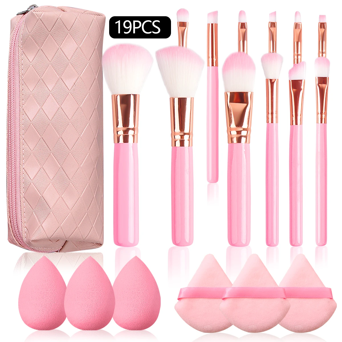 Conjunto de pincéis de maquiagem para iniciantes, conjunto de 12 peças, 3 peças, sem pó, sopro triangular, 1 saco de armazenamento, 19 peças