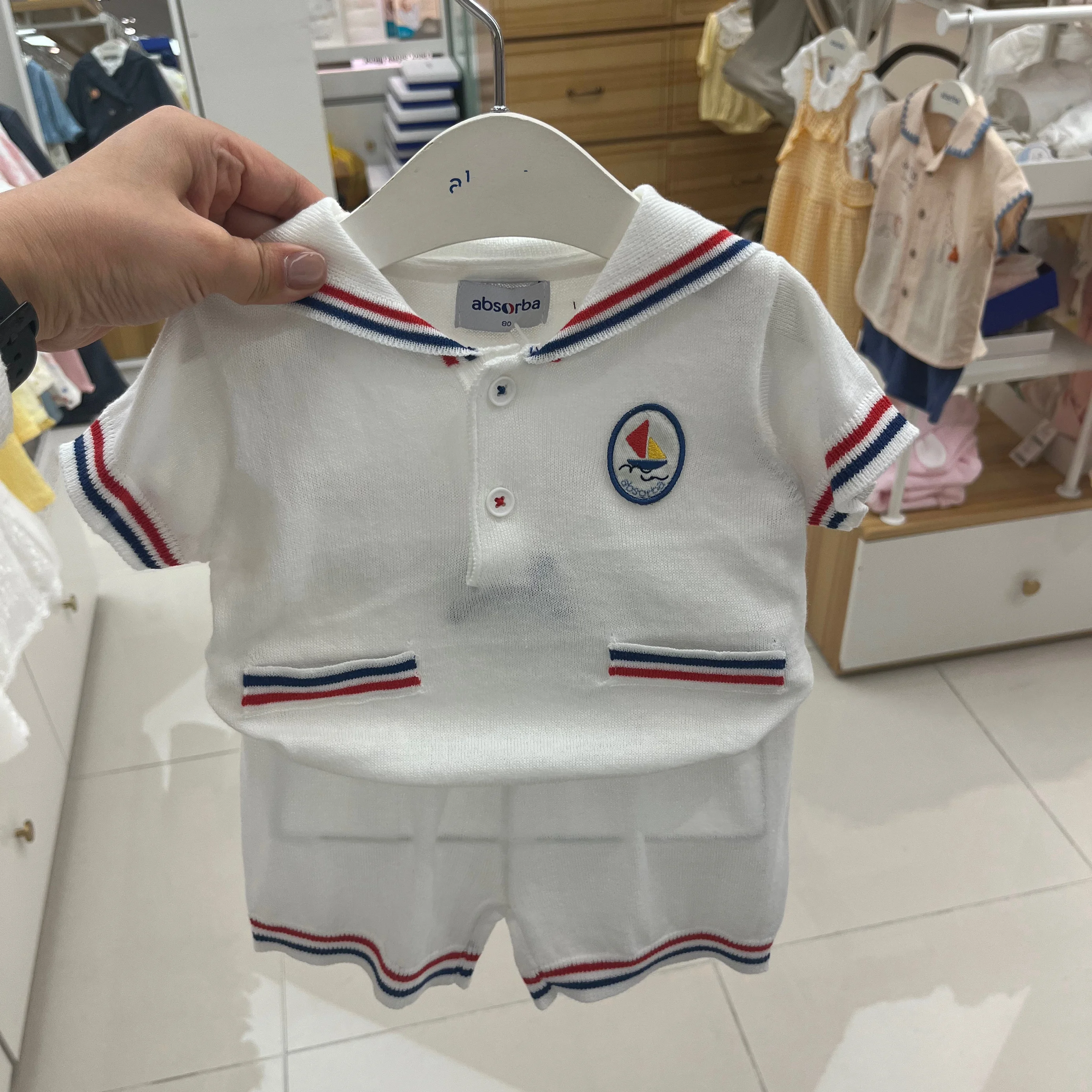 

Lightweight Knitted Summer Children's Outfit with Short Sleeves And Navy Collar Shorts Set Fashionable Baby Clothes Korean Style