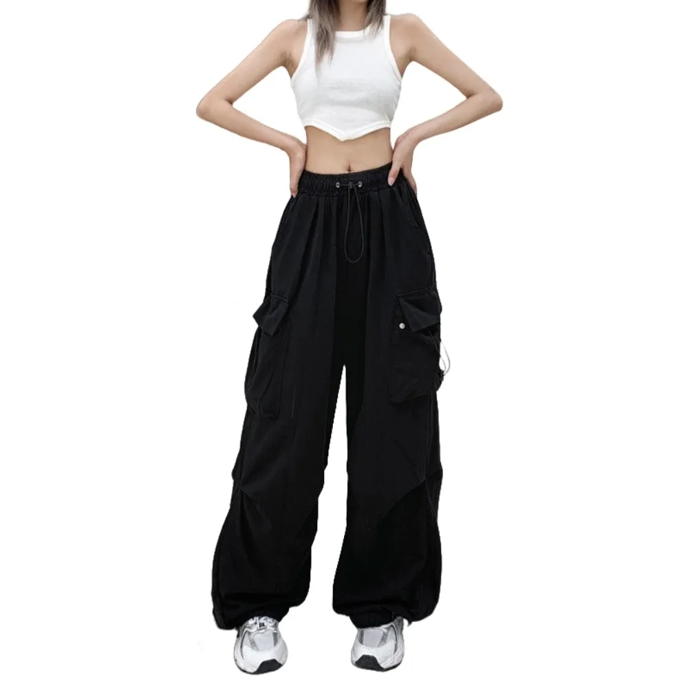 

Elasticated Waist Women Drawstring Pants Multi-pockets Long Trousers Wide Leg Pants Sweatpants Black Red Women's Harem Pants