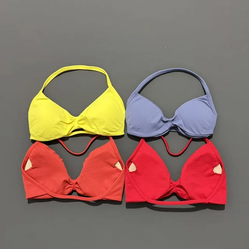 Sports Strappy Bra Gym Top Women High Support Thin Strap Seamless Halter Sports Bras Scrunch Workout Yoga Underwear With Pads