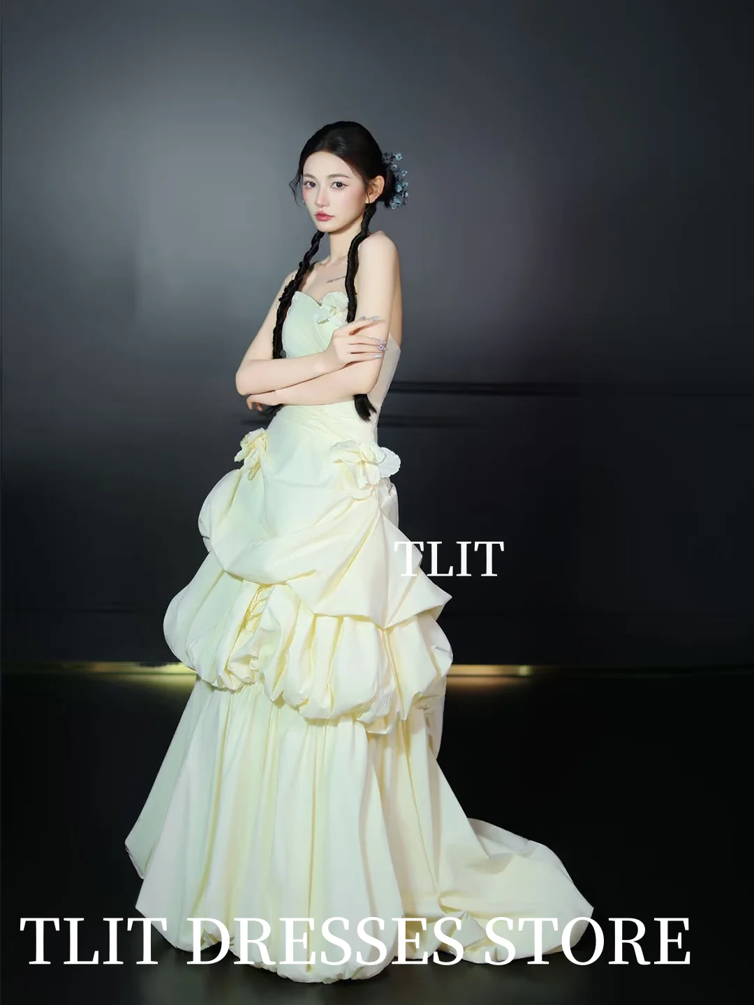 TLIT Elegant Light Yellow Flowers Satin Wedding Dress Strapless Tiered Prom Gown Korea Bridal Dress Photos Shoot Customized