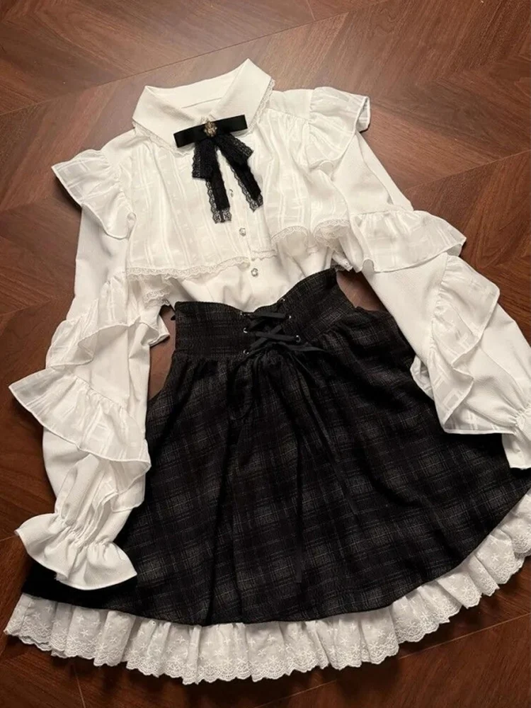 

Early Spring New Style Japanese College Uniform Jk Uniform Set White Lace Trim Shirt Plaid Skirt Fashionable Ladies Suit