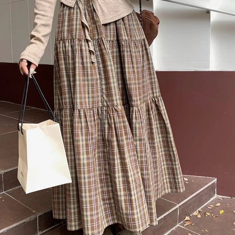 Gonna lunga da donna con stampa scozzese vintage elegante stile preppy gonne longuette Harajuku autunno inverno gonne casual a trapezio streetwear