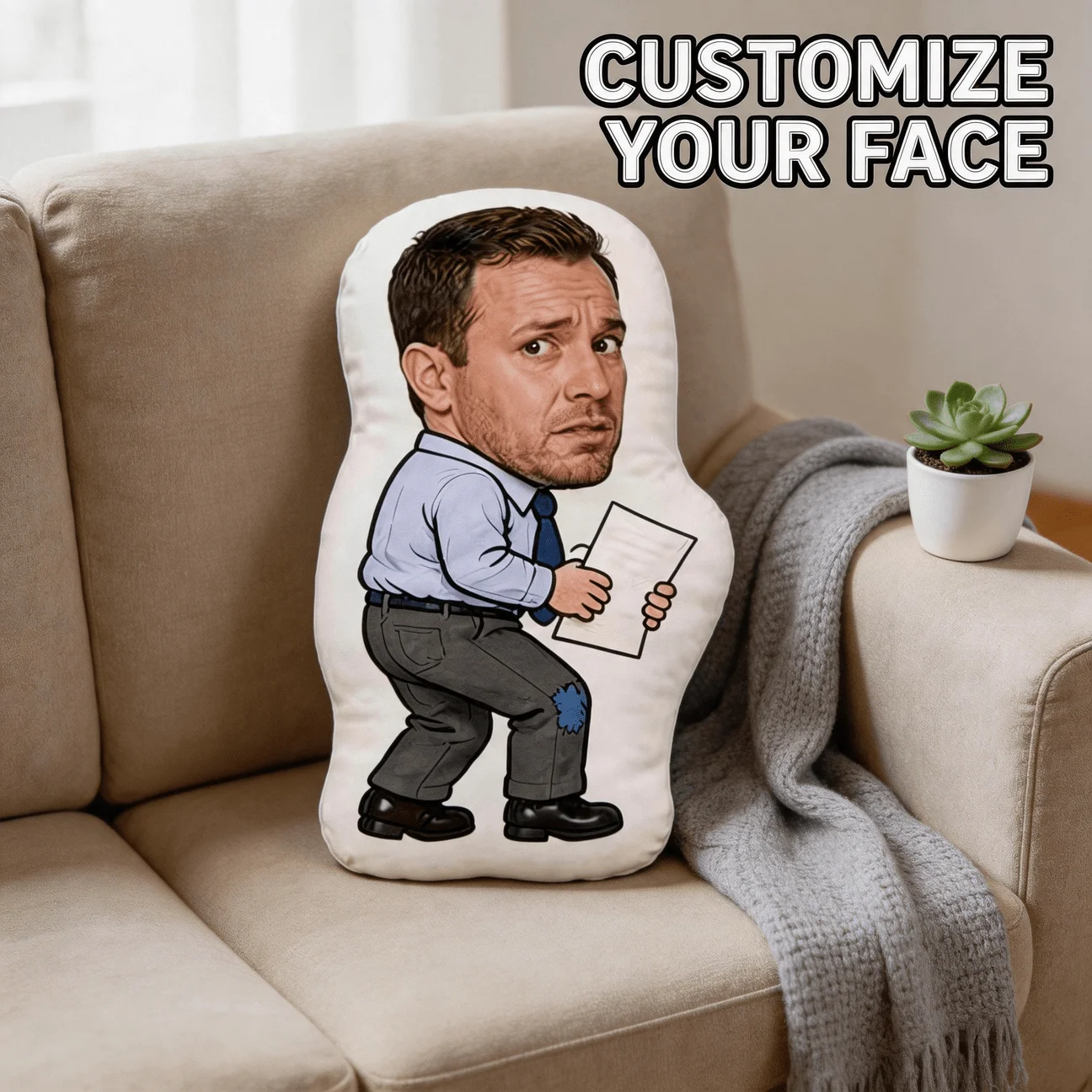 Custom Funny Face-Shaped Pillow, Personalized Photo Business Man Cartoon Decorative Cushion, Unique Home Decor Accent for Sofa &