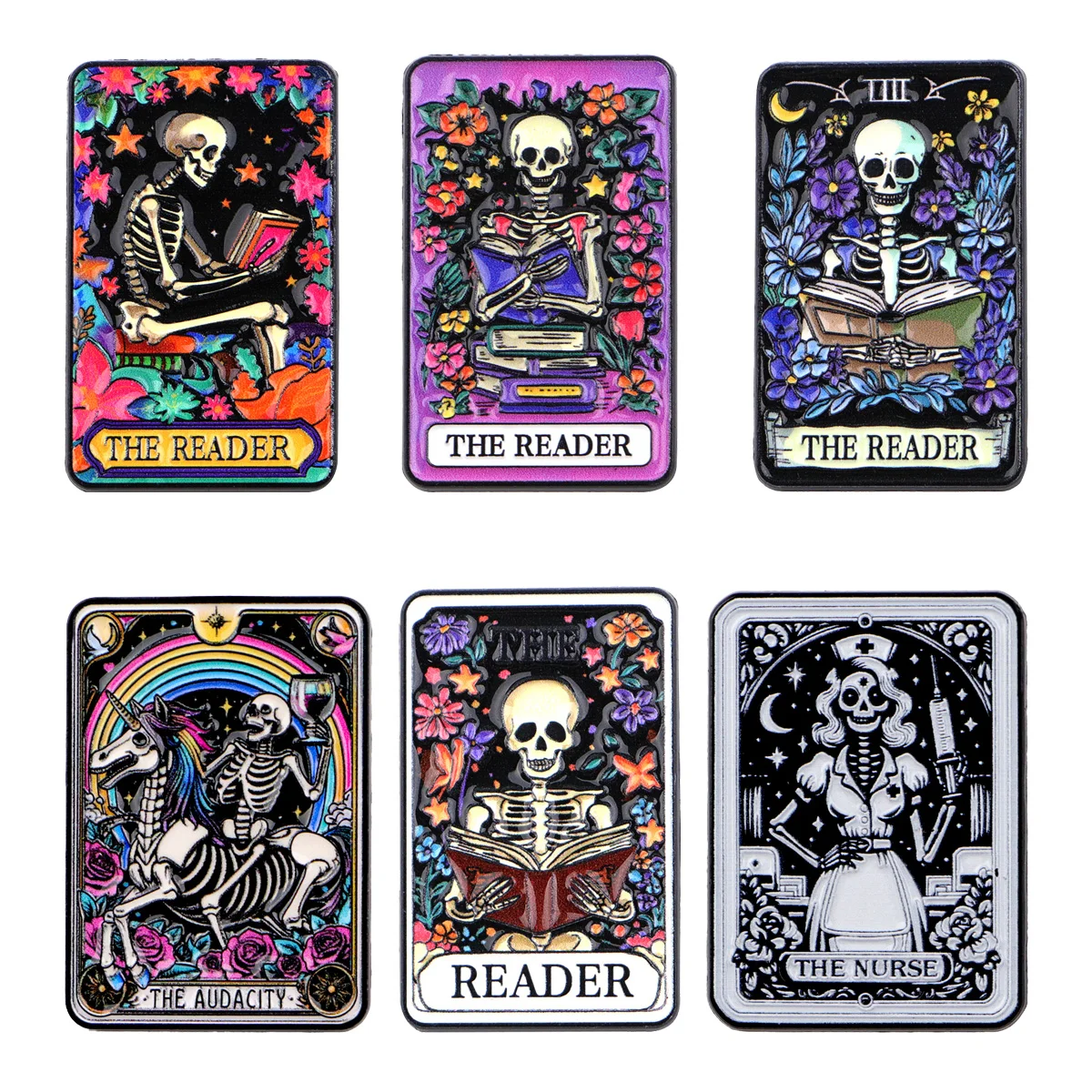 Skeleton Enamel Pins Tarot Cards Metal Brooch Backpack Collar Lapel Readers Badges Men Women Fashion Jewelry Halloween Gift