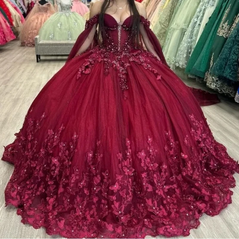 Nw12 personalizado mexicano borgonha quinceanera vestidos doce 16 15 vestidos rendas apliques contas flores festa vestido de baile