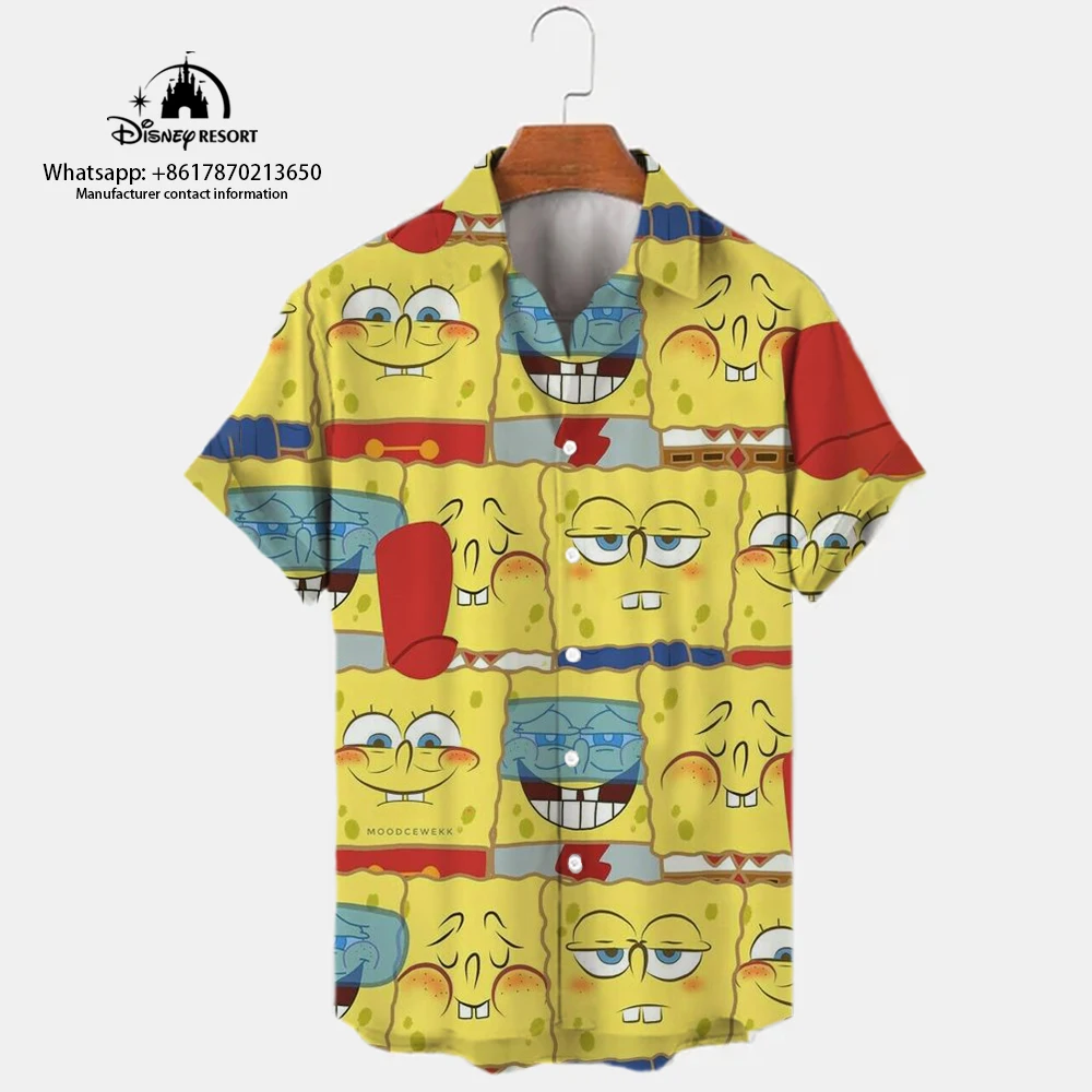 Camisa casual de manga curta masculina, bonito desenho animado do Bob Esponja, lapela versátil, tendência de rua, venda quente, Harajuku, novo, verão, 2024