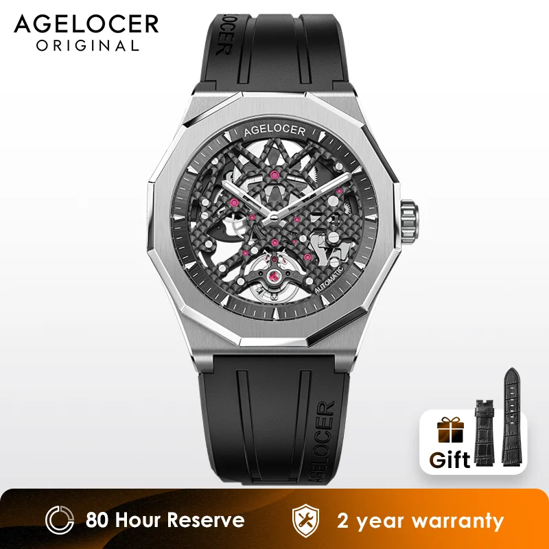 AGELOCER Mechanical Watch Men Wrist Mens Watches Power Reserve 80H Luxury Black Skeleton Watch Clock Man Relogio Masculino