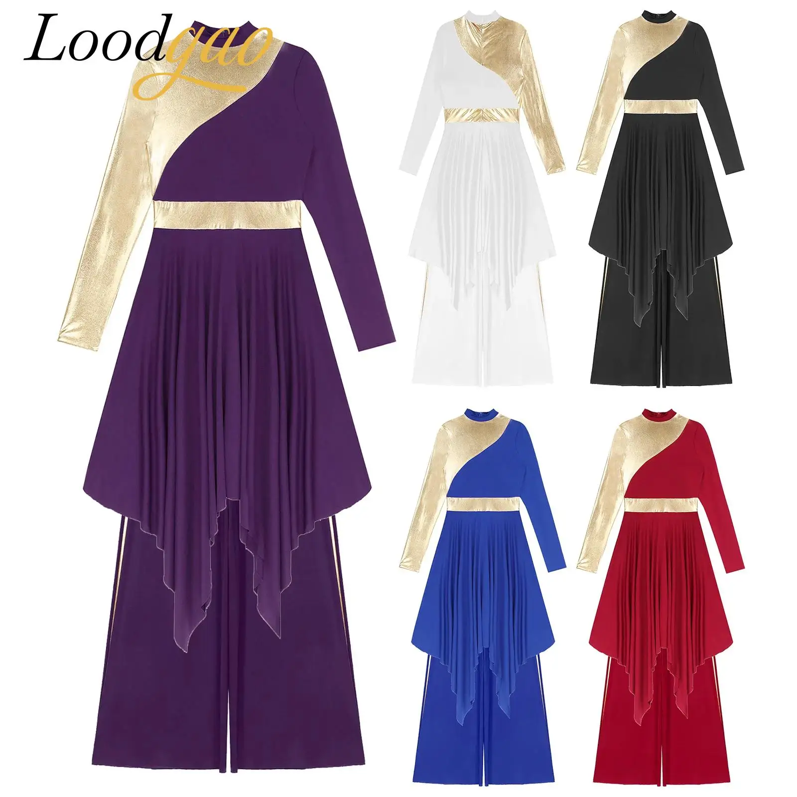 

Women's Asymmetrical Praise Dress Lyrical Dance Tunic Costume Praisewear Sleeveless Color Block Liturgical Worship Dance Dress
