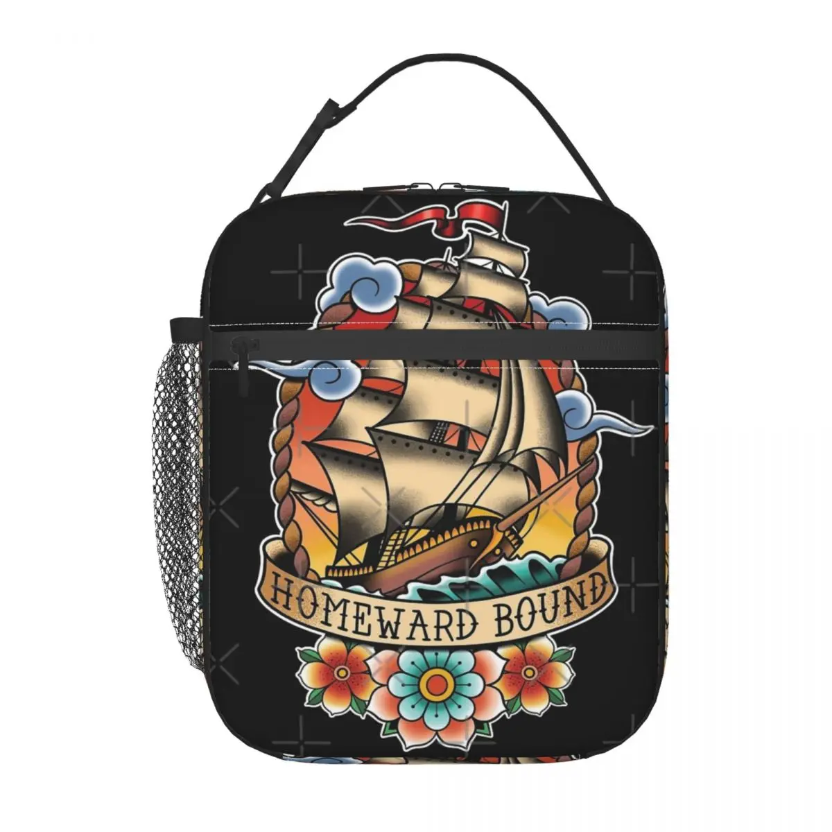 Homeward Bound Traditional Tattoo Sailing Ship Insulated Lunch Bag Modern With Zipper Mesh Bag School Birthday Gift