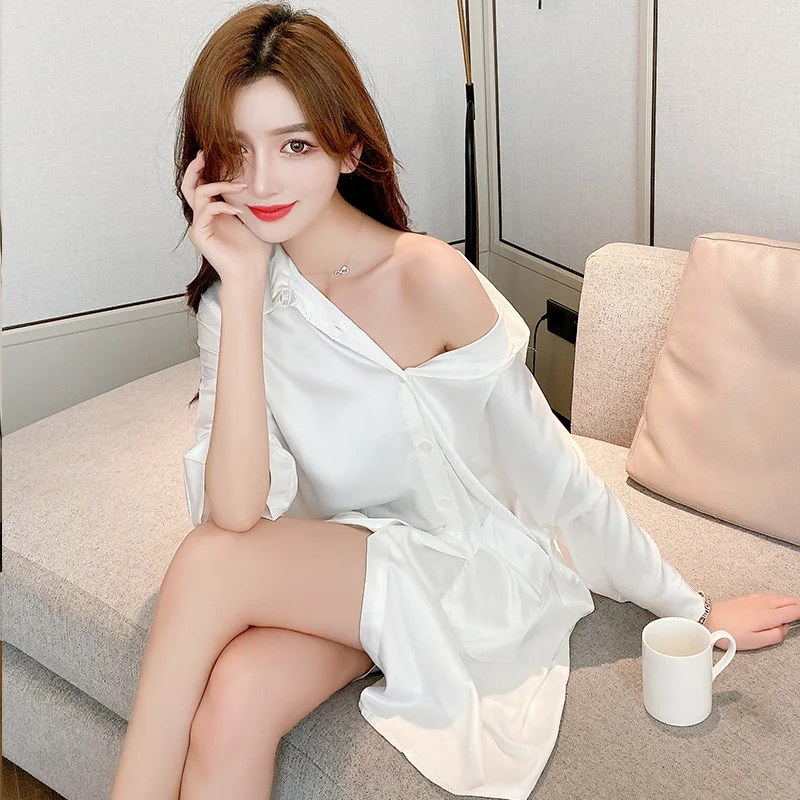 Women Nightgowns Satin Silk Lace V-Neck Shirt Sleepwear Buttons Nightwear Dress Sexy Lingerie Gown Robe Homedress Nightdress