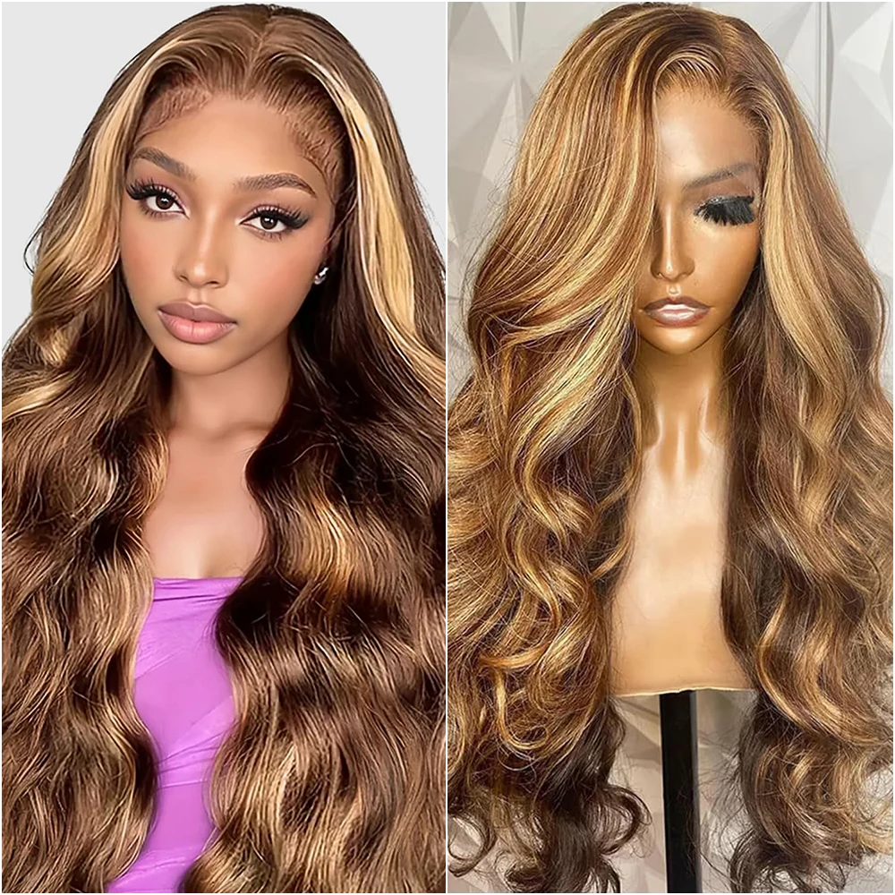 

Парик из натуральных волос Body Wave Highlight Ombre с кружевной передней частью, 36-40 дюймов, цветные парики, 13x6 HD кружевные парики для женщин, плотность 200%