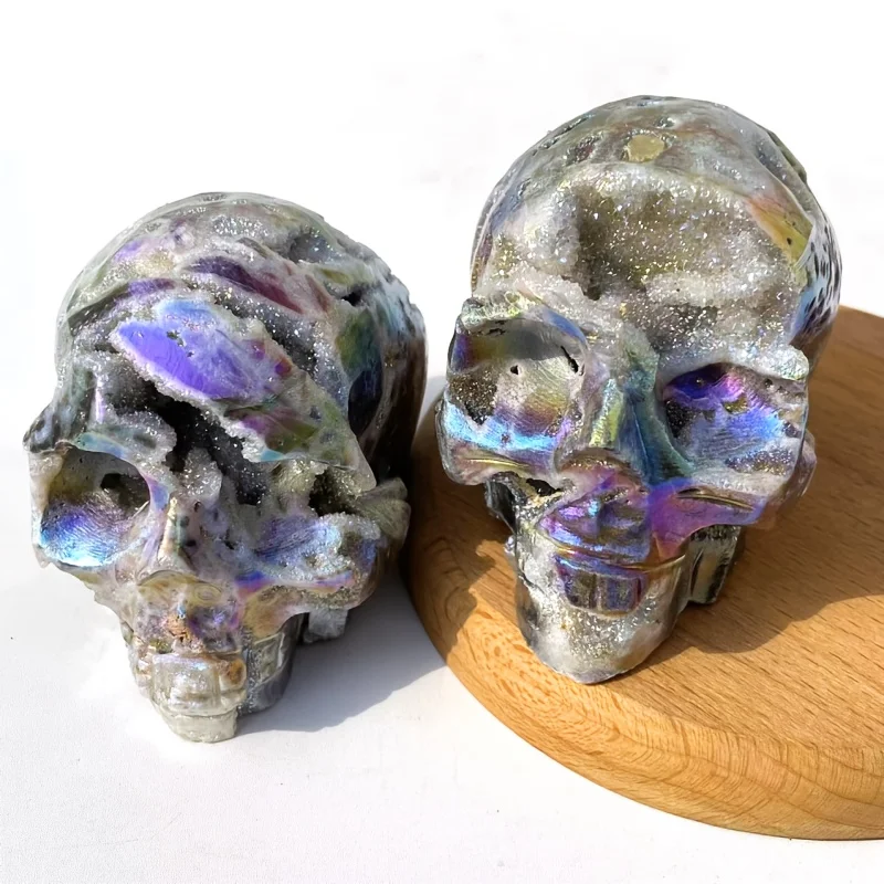 1pc Aura Sphalerite Skull-aura Geode Skull Unique Metallic Crystal Carving Gothic Steampunk Decor Luxury Desk Curiosity
