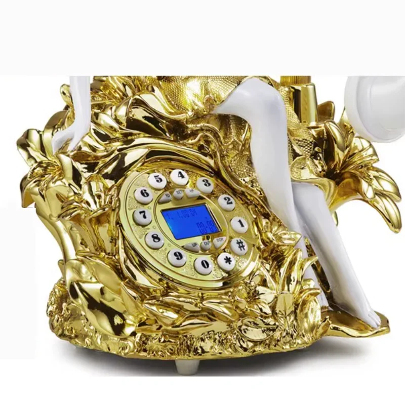 Button Dial Vintage Beautiful Girl Landline Telephone Corded Phone with Caller ID, Blue Screen, Handsfree for Home, Silver, Gold