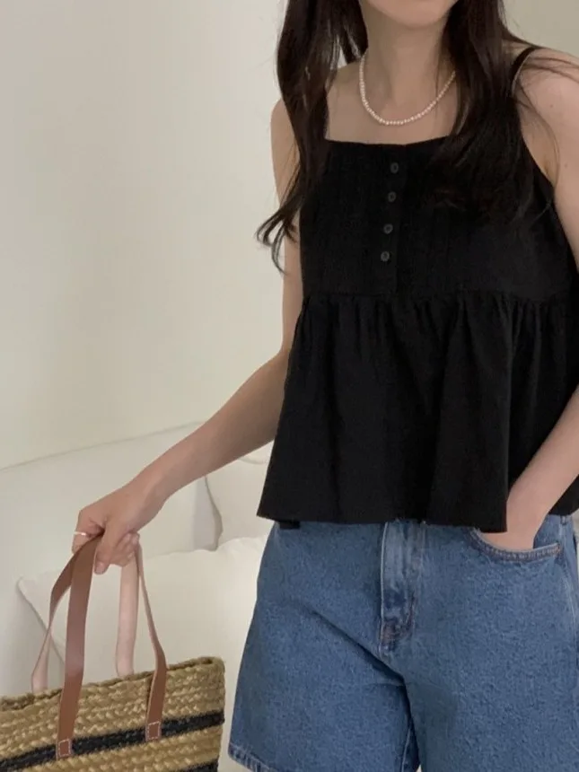 시크하고 신선하며 귀여운 여성용 민소매 탱크탑 여름 2025 디자인 감각 트렌디 출퇴근 스타일 순색 기타 소재 00