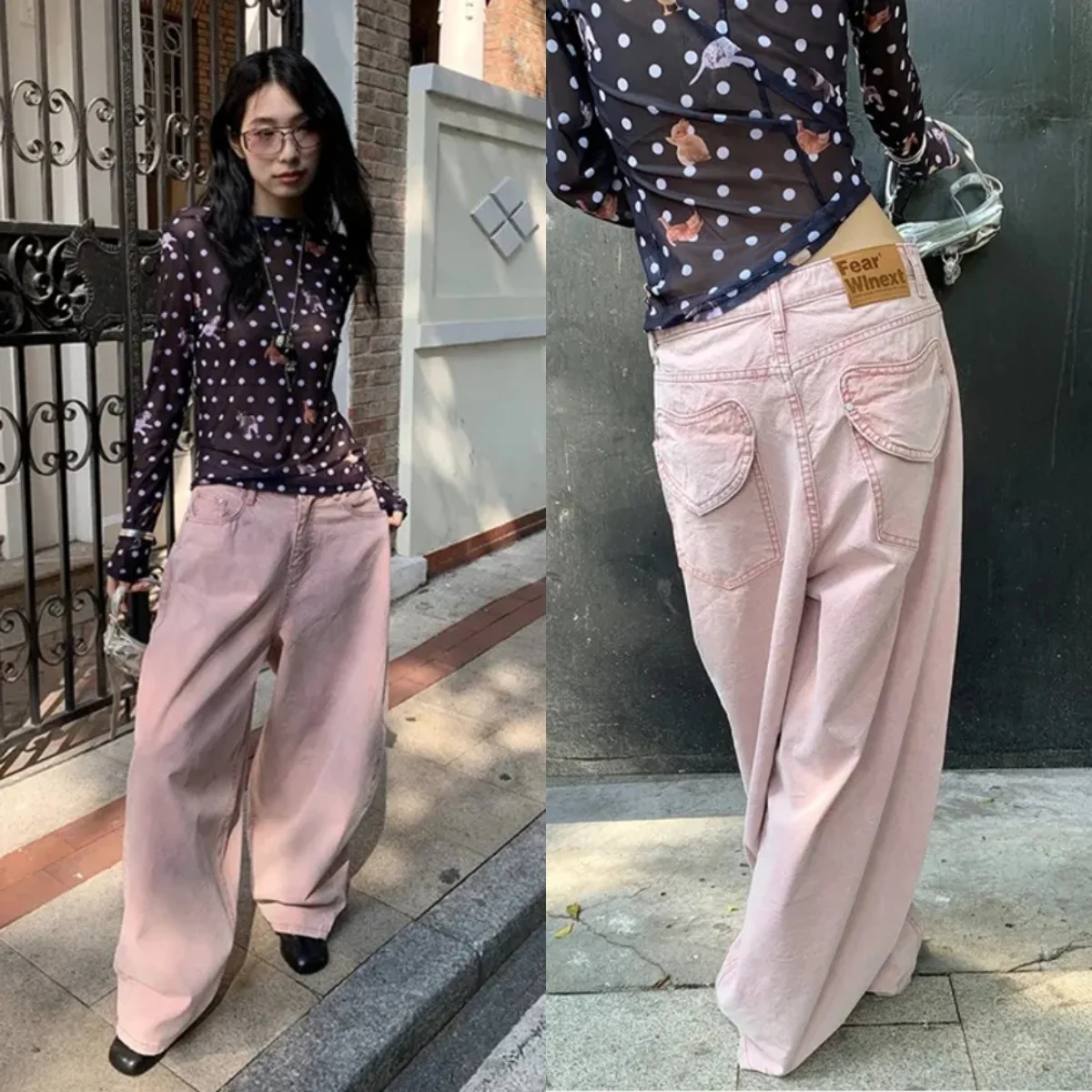 High Waist Loose Fit Wide Leg Jeans Women's Korean Style Chic Heart Back Pocket Long Pants Casual Washed Denim Casual Jeans
