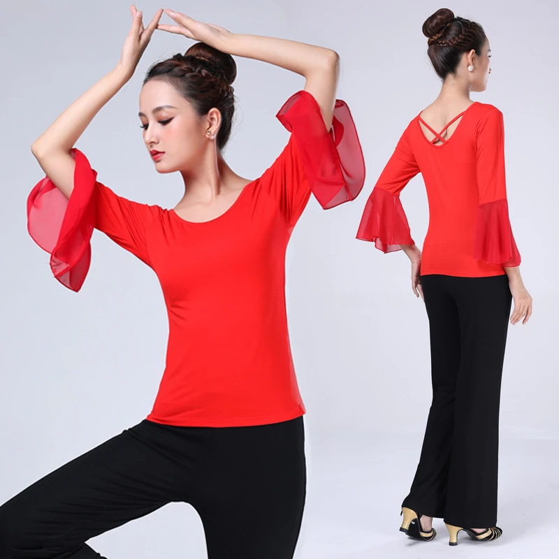 Latin dance suit with flared sleeves slim fit top draped wide leg pants ballroom dress standard