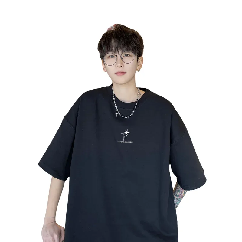 Men\'s Oversized T-shirts 5XL Fashion White Cotton T Shirt for Men Casual Summer Wear Star Print Tee Shirts Men Clothing