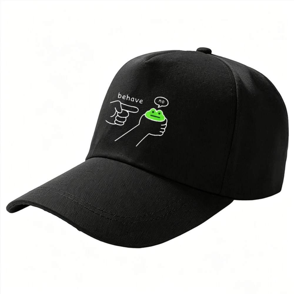 Cartoon Frog Print Washed Baseball Hat Black Cap Unisex Novelty Casual Hand Finger Speech Bubble Behave No Funny Unisex Sun Hat