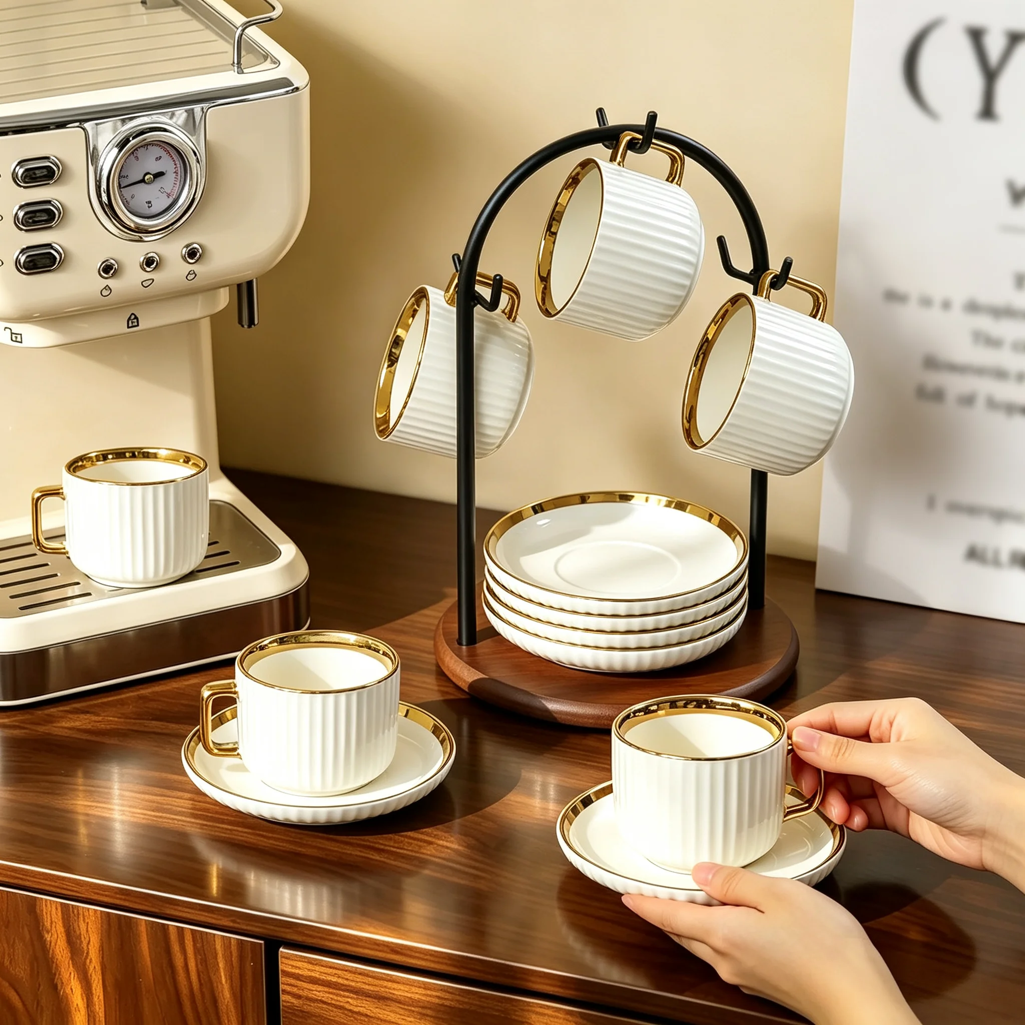 Coffee Tea Organizer - طقم فناجين قهوة وصحون سيراميك مخططة