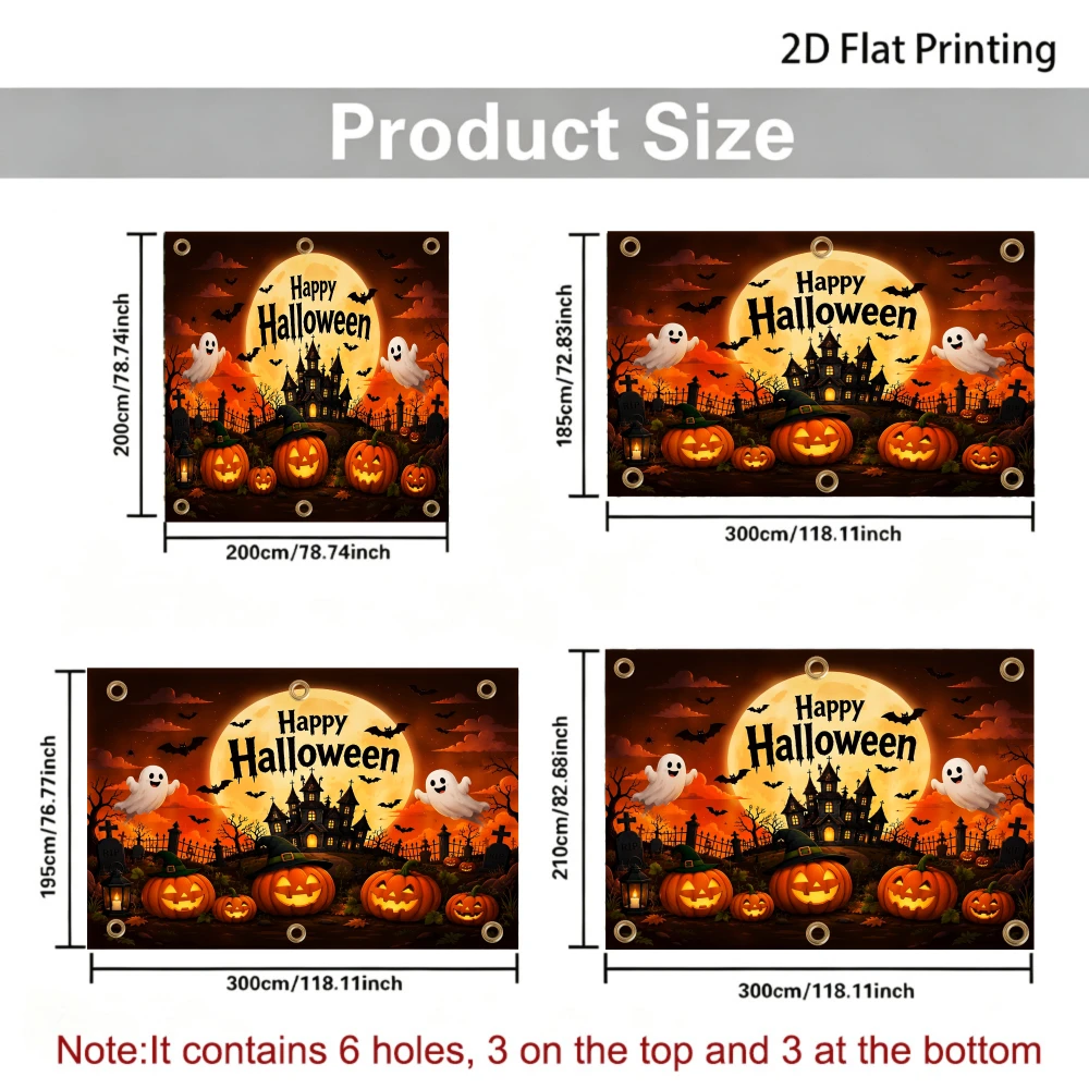 1pc 2D Printed Sidewall Sun Shelter with Happy Halloween Pumpkin Ghost Castle Moon Bat Pattern Print, RV camping, road trip camp