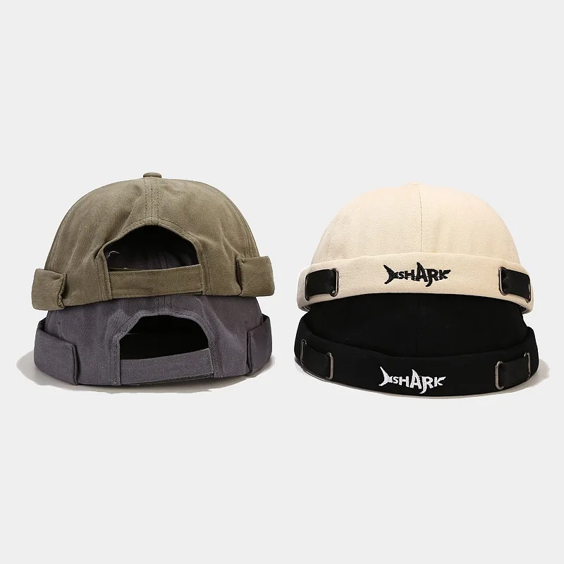 Vintage Brimless Hat Breathable Shark Beanie Hat Cotton Retro Men Adjustable Docker Cap Literary Sailor Cap Women Hip Hop Hat