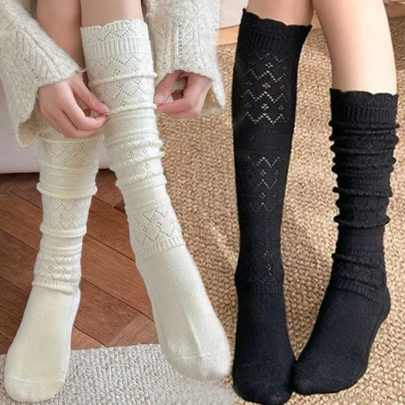 

Вязаные длинные хлопковые чулки с ворсом, полые носки-ботинки, женские носки-ботинки для девочек, весенне-осенние длинные носки в стиле Харадзюку, связанные крючком