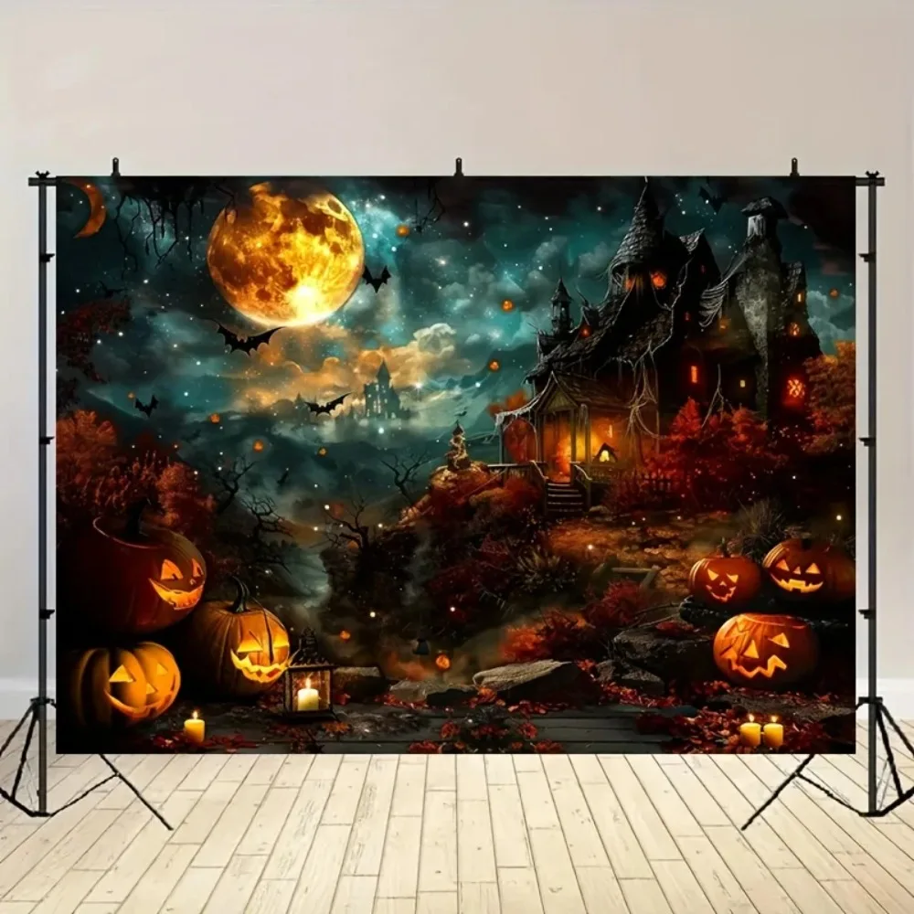 Halloween Glowing Pumpkin Bat Themed Banner Decoration Background, Medieval Castle Home Decoration Photography Background Cloth