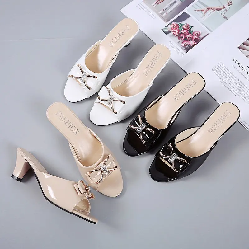 2022Women\'s Sandals Cute White Pu Leather Open Toe Slip on High Heel Shoes for Summer Party Lady Fashion Heel Sandalias De Mujer