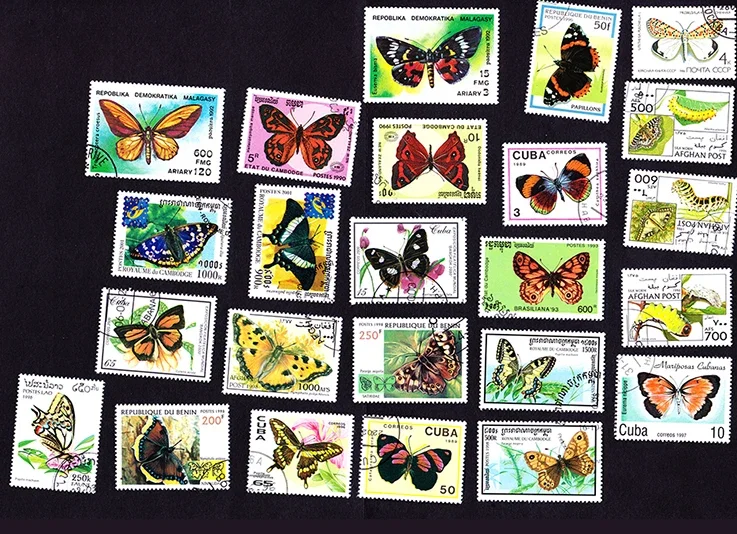 New 50Pcs/Lot Butterfly All Different From Many Countries NO Repeat  Postage Stamps for Collecting