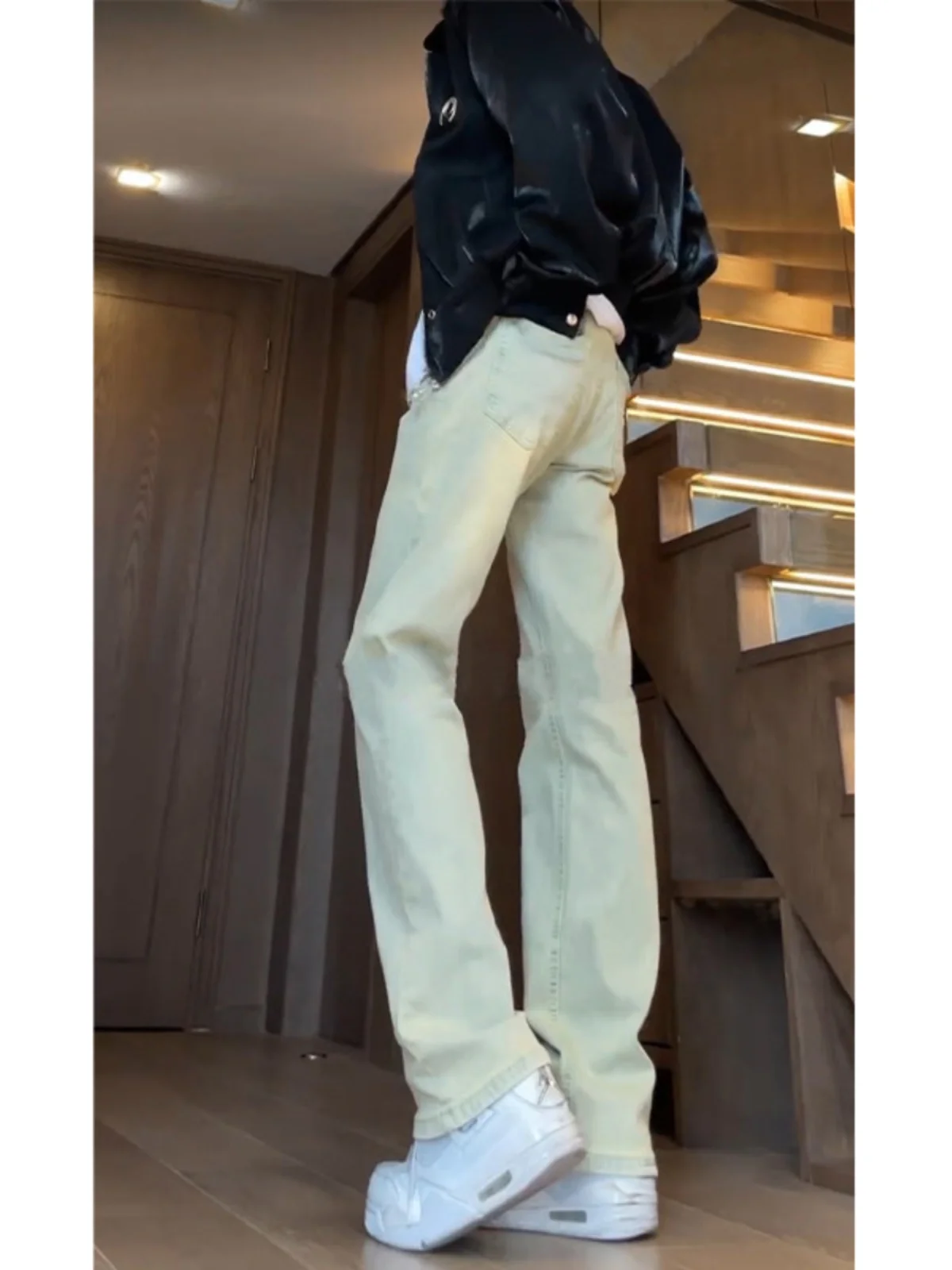 

Винтажные мужские облегающие джинсы с прямыми штанинами Waed, желтые грязевые брюки в американском стиле High Street Sle, расклешенные брюки Youth Faion