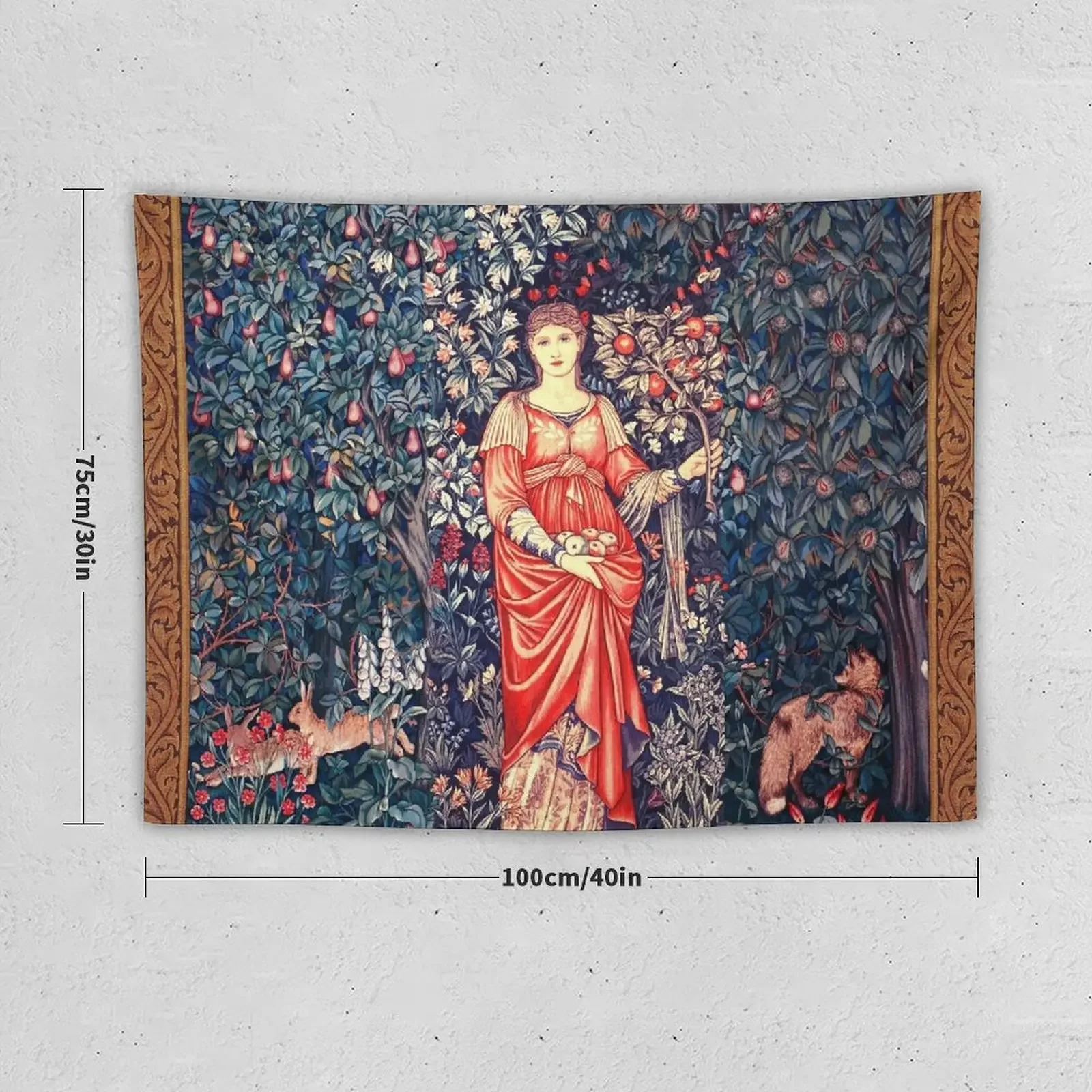 POMONA GODDESS OF ABUNDANCE HOLDING FRUITS IN GREENERY, FOREST ANIMALS Fox,Hares Grey Red Blue White Floral Tapestry