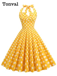Tonval Sweetheart Neck Halter High Waist Vintage Lace Up Back Corset Dress Women Polka Dot 50s Rockabilly Party Cotton Dresses