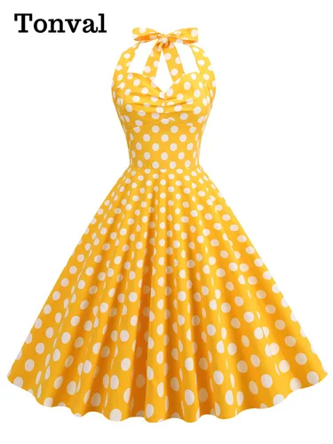 Tonval-vestido de fiesta de algodón con lunares para mujer, corsé Vintage de cintura alta con cuello Halter y escote en forma de corazón, con cordones en la espalda, estilo años 50