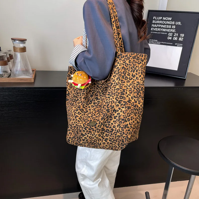 

Leopard Print Women's Canvas Bag Wild Casual Large-Capacity Double-Sided Single-Shoulder Bag Eco-Friendly Commuting Shopping Bag