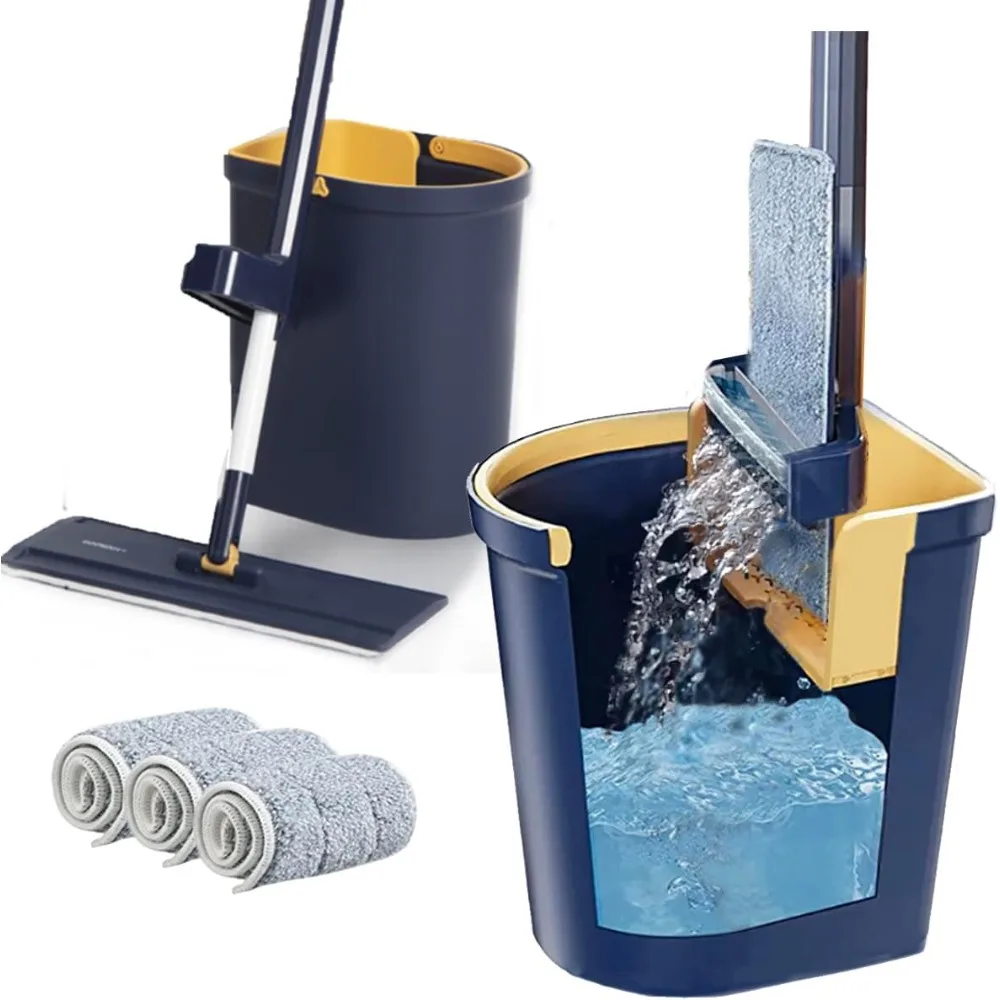 

Flat Floor and Bucket Set with Hands-Free and Self-Wringing Mop for Floor Cleaning, Floor Mop with Reusable Microfiber