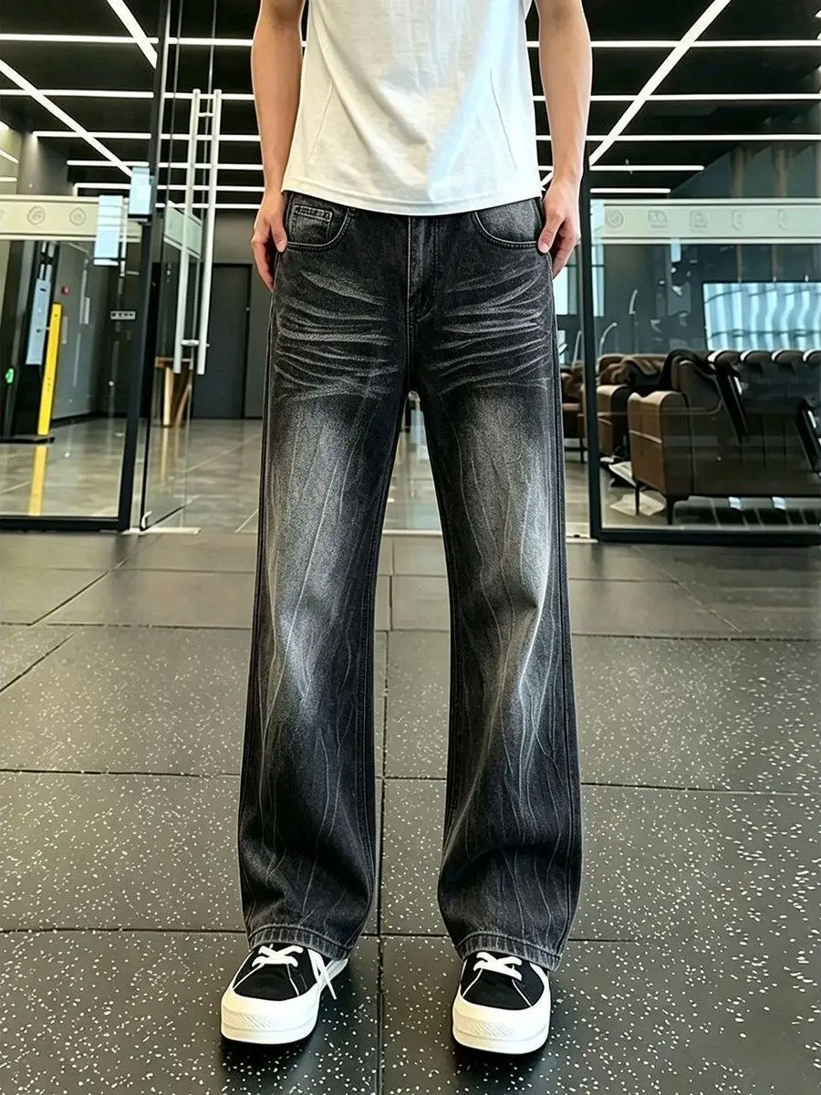 Retro American Hip Hop Chic Lightning Pattern Jeans Men's Straight Leg Slimming Bell Bottoms Water Washed Versatile Jeans