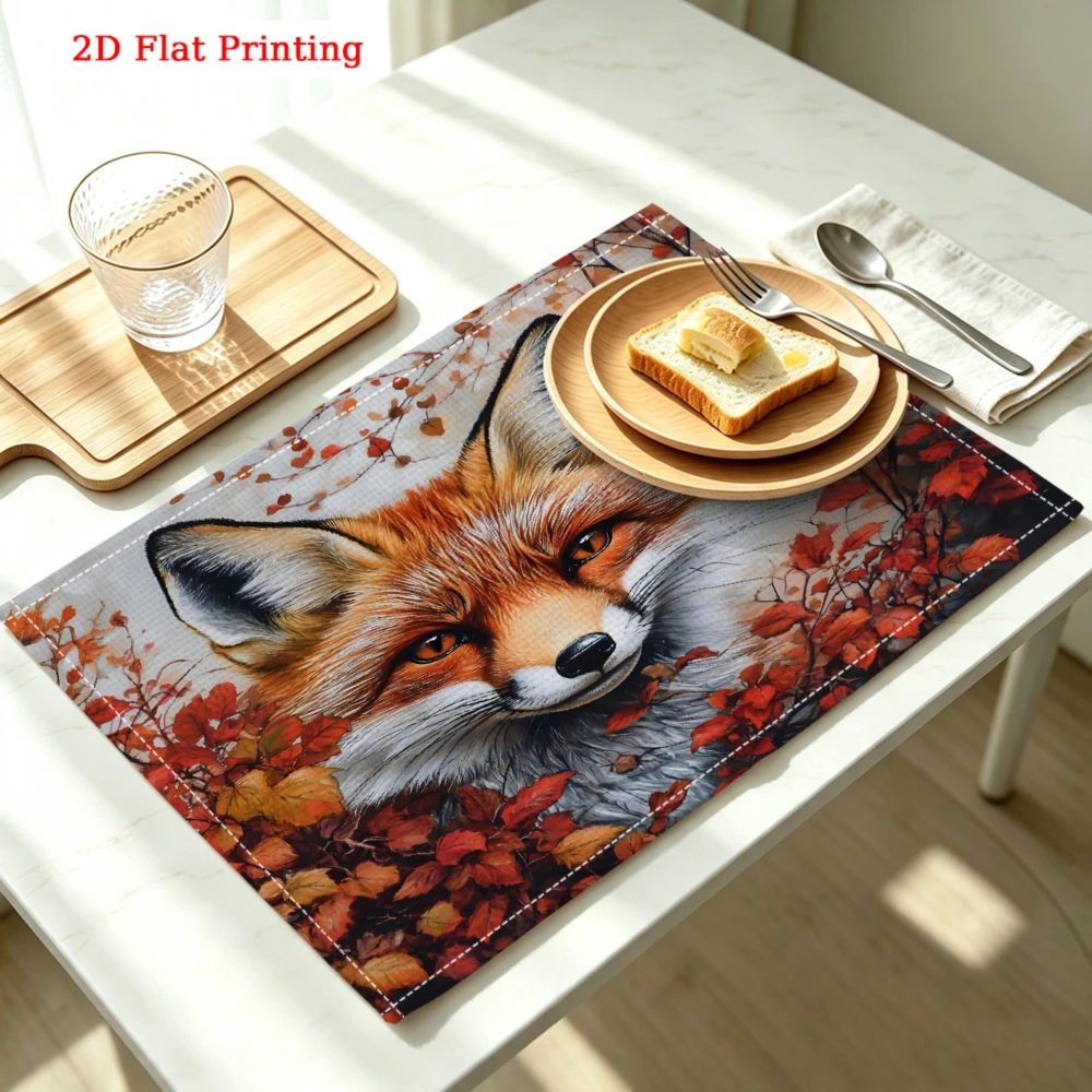 2Pcs Autumn Fox Placemat Red Orange Leaf Print Table Mat Kitchen Dining Decor Non Slip Heat Resistant 30X40Cm