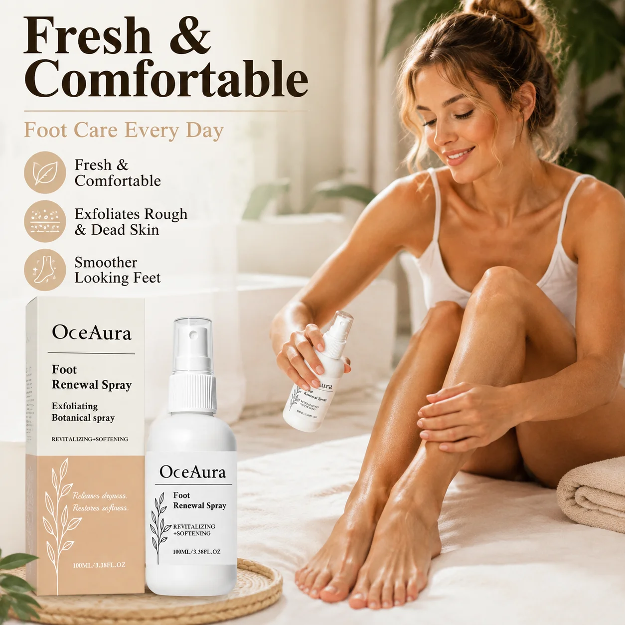 OceAura Foot Peeling Spray for Cracked Heels Exfoliator Foot Care Dead Skin Remover Soft Smooth Aloe Vera Foot Renew Spray 100ml