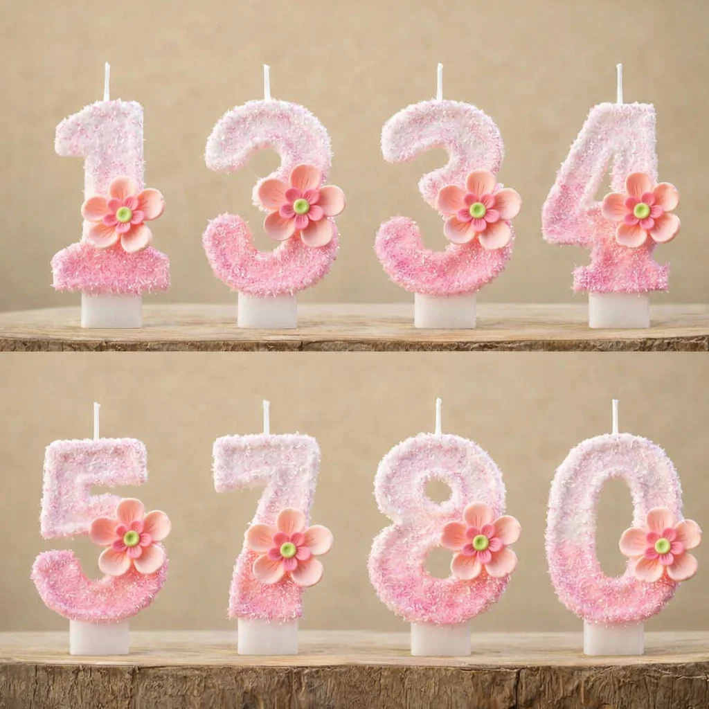 Pink Flower Creative Number Birthday Candles - Cake Decoration Supplies for Anniversary Party