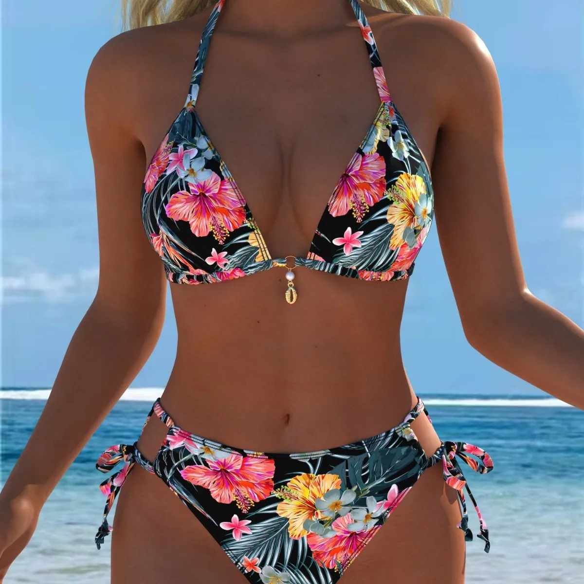

Women's Beach Bikini Floral Print Halter Top Tie Side Bottoms Black Base Pink Hibiscus High Cut Sleeveless Two Piece Swimsuit