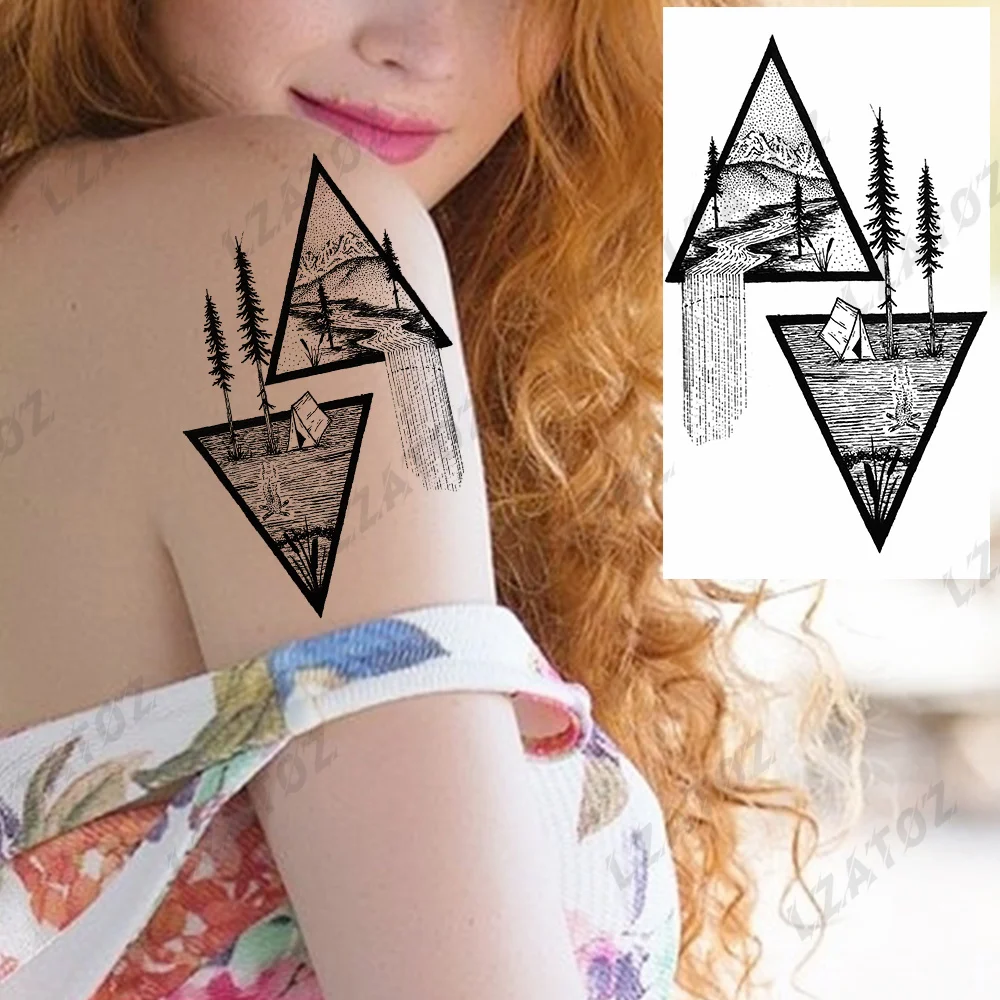 Black Rose Compass Temporary Tattoos For Woman Adult Realistic Flower Triangle Mountains Fake Tattoo Sticker Hand Washable Tatoo