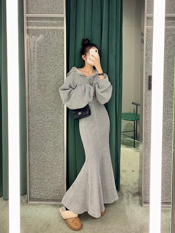 

Faionable Вельветовый комплект из двух предметов, женский свободный крой с высокой талией, облегающий топ, юбка с хвостом Fi, милая толстовка с капюшоном в Корейском стиле