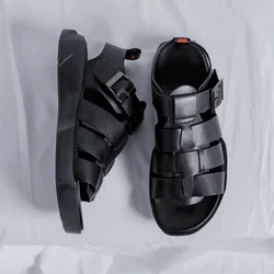 Summer Black Genuine Leather Men's High Grade Sandals for External Wear Breathable Roman Sandals Trend Casual Beach Shoes