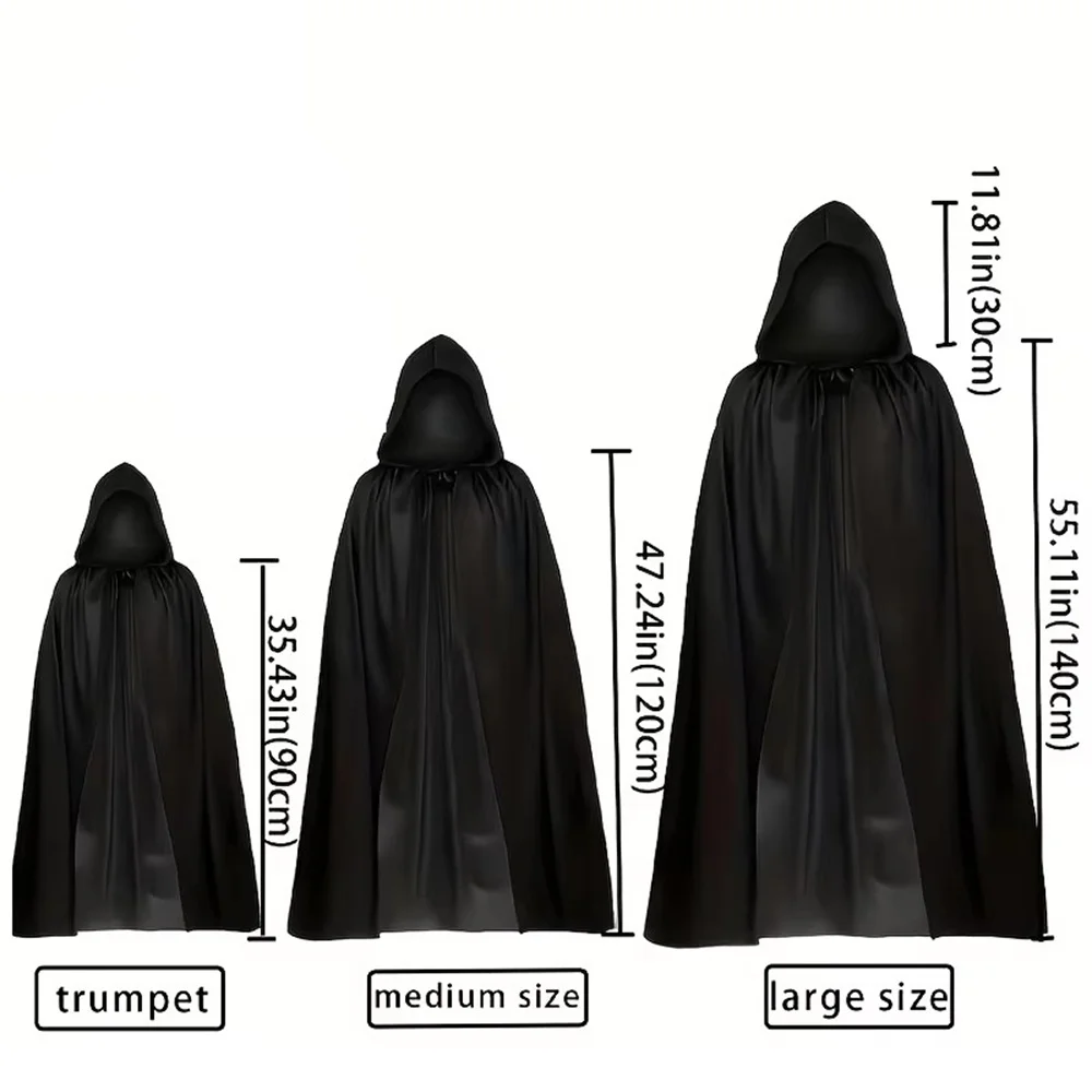 Halloween Cloak Soft Unisex Hooded Black Robe Witch Long Cape Cosplay Costume Prop Party Performance Supplies Holiday Decoration