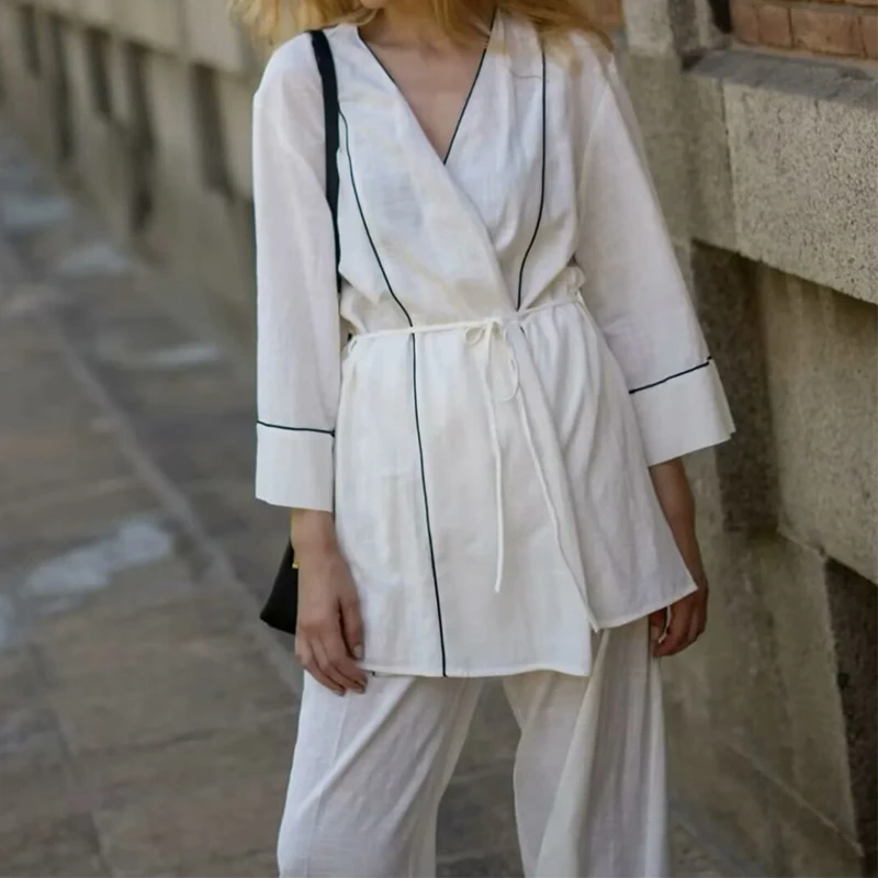 

YENKYE Women Kimono Contrasting Trim Wrap Jacket Three-Quarter Sleeve Cross V Neck Loose Casual Outerwear Chic Lady Outfits