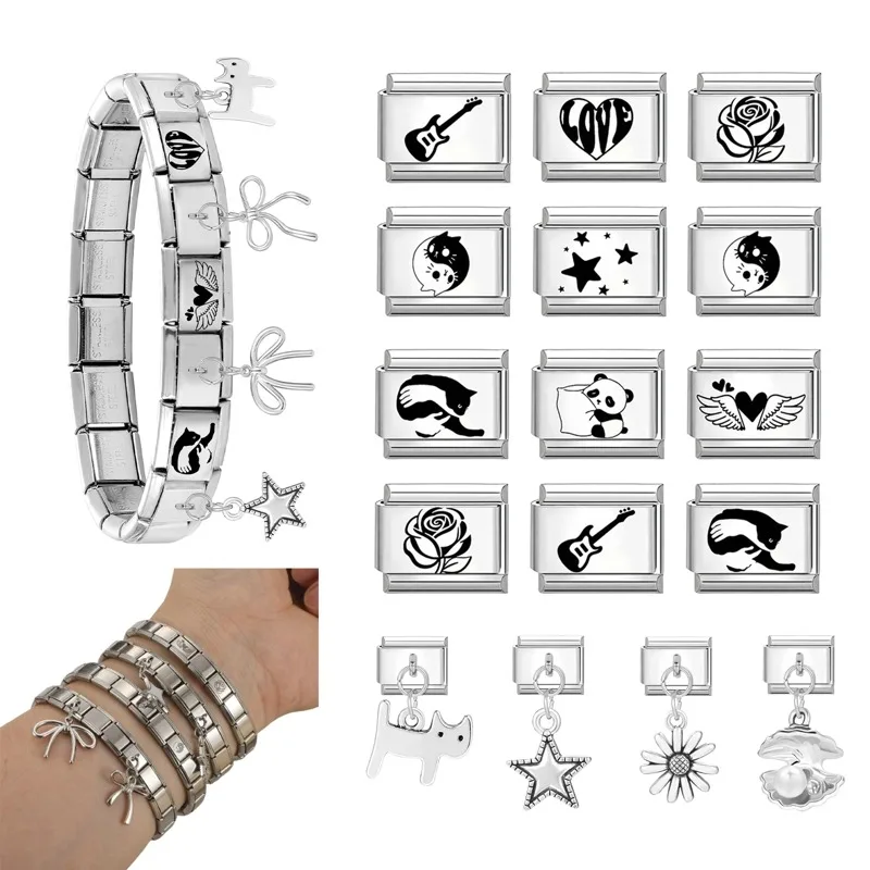 Fashion Bow Knot Stars Cat Flowers Whale Pendant Italian Charm Link Fit 9mm Stainless Steel Bracelet DIY Making Men Women Gift